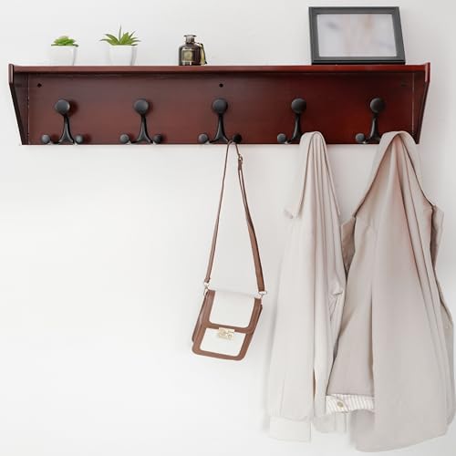 WEBI Wall Shelf with Hooks Underneath,35" Long Wall Mounted Coat Rack with Shelf,Entryway Coat Rack with 5 Triple Hooks for Hanging Coats,Jacket,Hallway,Bedroom,Mudroom,Cherry - color: Cherry, size: 35 Inch