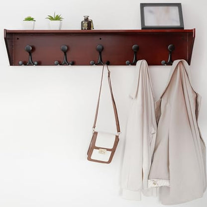 WEBI Wall Shelf with Hooks Underneath,35" Long Wall Mounted Coat Rack with Shelf,Entryway Coat Rack with 5 Triple Hooks for Hanging Coats,Jacket,Hallway,Bedroom,Mudroom,Cherry - color: Cherry, size: 35 Inch