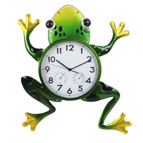 Large Outdoor Clock with Thermometer & Humidity | Silent Non-Ticking, Frog Outdoor Wall Clock, Outside Clock for Patio, Living Room, Kitchen - style: Large-Green Frog