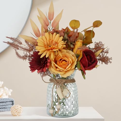 Fake Fall Flowers in Vase,Fall Flower Arrangements,Floral Arrangement,Table Decor,Centerpieces for Tables,Kitchen Decor,Coffee Table Decor - color: Fall Orange