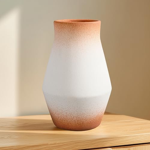 Farmhouse Ceramic Vase, 11 Inch Tall | Rustic Pottery Flower Vase for Pampas Grass, Dining Table Centerpiece, Kitchen and Living Room Decor - color: Brown and White, size: 11 inch