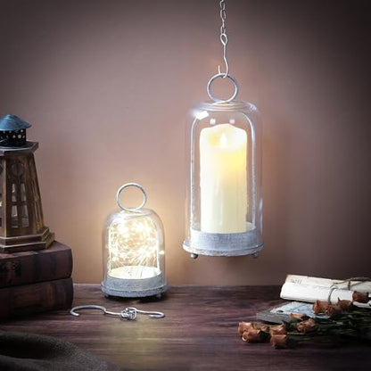 5" & 4" Wide Versatile Metal Candle Holder in Shabby White with Handmade Thick, Heavy & Sturdy Glass Dome for Pillar Candle, Industrial, Modern, Shelf, Mantel, Veranda, Porch - color: White Shabby