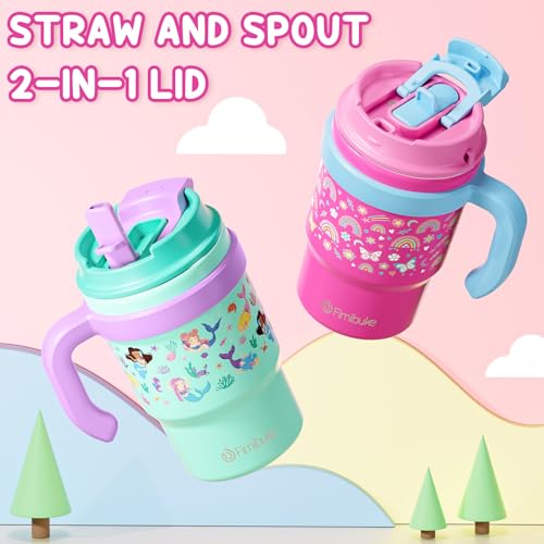 16oz Kids Insulated Tumbler w/Handle, 2 Pack Kids Toddler Water Bottle Cup | Leak-Proof Sip/Swig 2-in-1 Lids, BPA FREE 18/8 Stainless Steel Drinking Sippy Cup w/Straw Travel Mugs for Children Boys Girls - color: B3.Rainbow & Mermaid