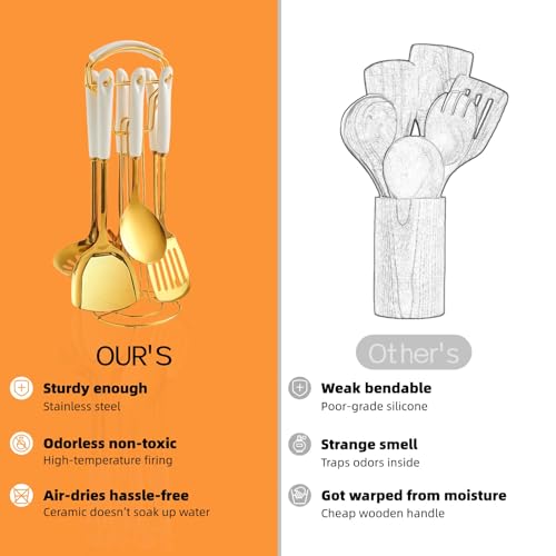 Novellus Stainless Steel Gold Kitchen Utensils Set with Holder, 7pcs Kitchen Accessories for Cooking Includes Soup Ladle, Metal Spatula, Slotted Spoon, Slotted Spatula, Pasta Spoon, White & Gold - color: White & Gold