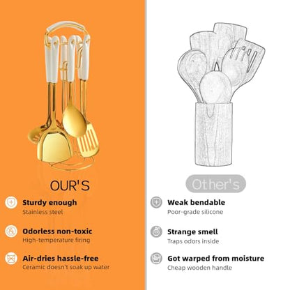 Novellus Stainless Steel Gold Kitchen Utensils Set with Holder, 7pcs Kitchen Accessories for Cooking Includes Soup Ladle, Metal Spatula, Slotted Spoon, Slotted Spatula, Pasta Spoon, White & Gold - color: White & Gold