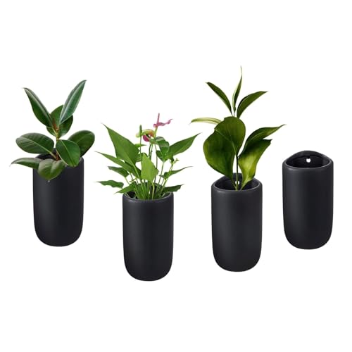 MyGift 7.5 Inch Wall Mounted Modern Matte Black Ceramic Cylindrical Plant Containers, Floating Succulent or Herb Planter Pots, Vertical Hanging Flower Vases, Set of 4 - color: Matte Black (7.5 Inch)