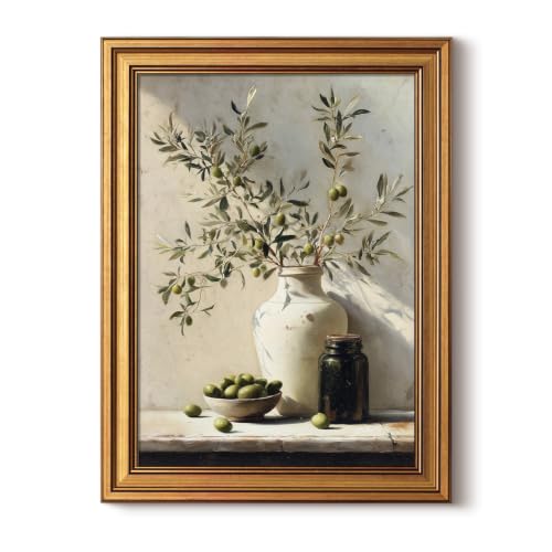InSimSea 12x16 Gold Framed Vintage Olive Kitchen Wall Art, Green Olives Canvas Picture Prints, Rustic Farmhouse Botanical Artwork for Dining Room Cafe Restaurant - color: Olive branch, size: 16"L x 12"W