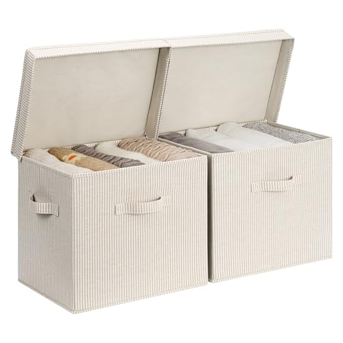 StorageWorks Storage Bins with Lid, Decorative Fabric Storage Bins with Handles, Stackable Closet Organizers for Shelves and Bedroom, Large, Khaki and Beige Stripes, 2-Pack - color: Khaki and Beige Stripes, size: 15"L x 11 ¼"W x 12 ½"H