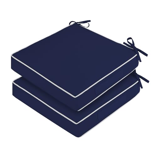 Waterproof Outdoor Chair Cushions Set of 2, Square Outdoor Seat Cushions with Ties and Removable Covers, 19 x 19 Outdoor Cushions for Patio Furniture with Portable Handle(Navy/White) - color: Navy/White Piping, size: 19x19x3