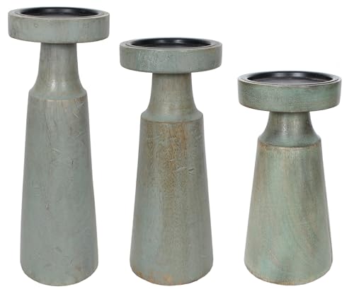 Set of 3 Pieces Wood Pillar Candle Holders, Mango Wooden Candlesticks Holders 12 Inch, 10 Inch, 8 Inch Height (Sage) - color: Sage