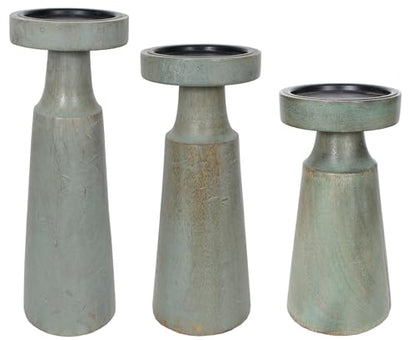 Set of 3 Pieces Wood Pillar Candle Holders, Mango Wooden Candlesticks Holders 12 Inch, 10 Inch, 8 Inch Height (Sage) - color: Sage