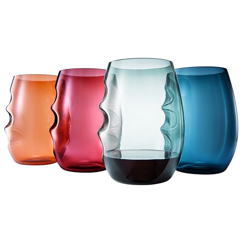 Unbreakable European Plastic Crystal Stemless Wine Glasses | Set of 4, 13.5 OZ | Acrylic Tritan Set with 3-Finger Indentations - Muted Colored Tumbler Set, BPA Free, Reusable, Naturally Aerates Wine - color: Muted Pastel, size: Set of 4