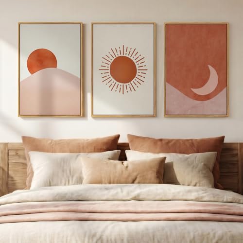 Framed Sun and Moon Boho Wall Art Bedroom, 3 Piece Abstract Minimalist Terracotta Canvas Painings Prints Artwork for Walls, Mid Century Modern Bohemian Pictures for Living Room Office Wall Decor, 16x24 Inch - color: Neutral Warm, size: 16" W x 24" H x 3Pc