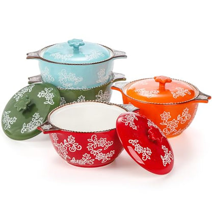 AVLA 4 Pack Ceramic Soup Bowls with Lid and Double Handles, 22 OZ French Onion Soup Crock, Small Casserole Dish for Oven, Mini Cocotte Set Baking Ramekins for Stews, Cereal, Oatmeal or Pasta
