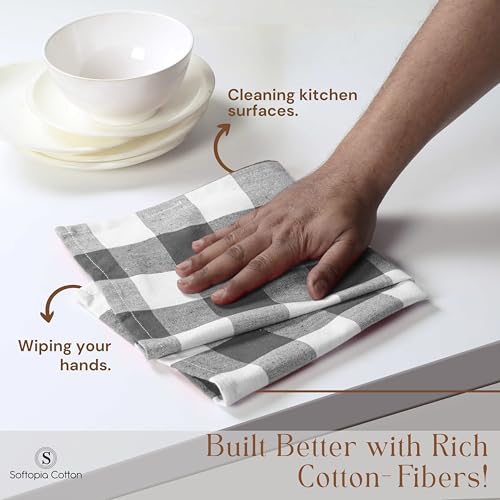 Gray Buffalo Plaid Checked Dish Towels 12 Pack, 100% Cotton, 16x26 Inches, Super Absorbent, Quick Drying, Soft, Lint-Free, Durable Tea & Bar Towels with Hanging Loop, Grey and White - color: Grey, White - Buffalo, size: 16 X 26 - 12 Pack