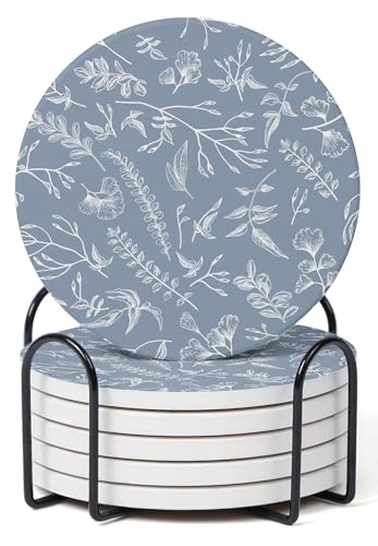 Set of 6 Floral Dusty Blue Coasters with Holder, Absorbent Ceramic Drink Coasters with Cork Backing for Table Protection, Coffee Table Décor - color: Dusty Blue