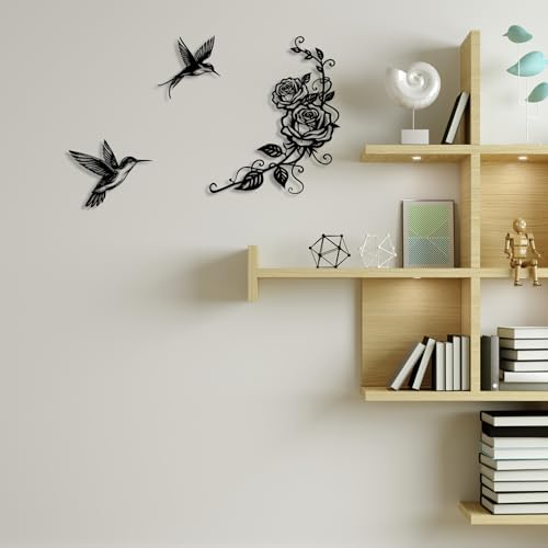 Pinetree Art Flowers and Birds Metal Wall Art Black Hummingbird Rose Set of 3 for Modern Farmhouse Living Room Bedroom Bathroom Kitchen Home Office DIY Decoration