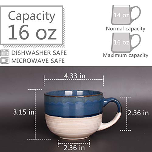 Bosmarlin Large Ceramic Coffee Mug Set of 2, Stoneware Latte Mug for Office and Home, 16 Oz, Dishwasher and Microwave Safe, (Prussian Blue, 2) - color: Prussian Blue