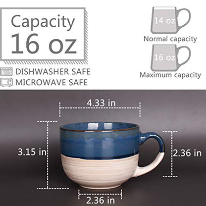 Bosmarlin Large Ceramic Coffee Mug Set of 2, Stoneware Latte Mug for Office and Home, 16 Oz, Dishwasher and Microwave Safe, (Prussian Blue, 2) - color: Prussian Blue