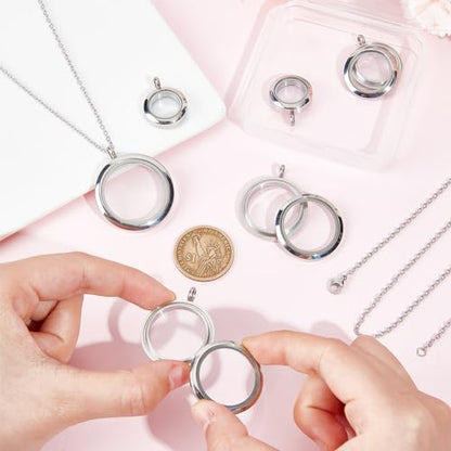 4pcs Photo Locket Charms Necklace Round Stainless Steel Locket Pendants Crystal Double-Sided Picture Frame Memory Locket Charm with 17.7inch Chain for Wedding Jewellery Making Photo - color: Silver A