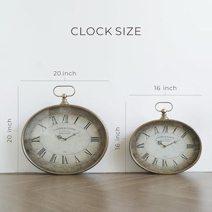 Large Decorative Wall Clock - 20 inch, Distressed Gold, Oval Pocket Watch Design, Roman Numerals, Battery Operated, Large Antique Style for Living Room, Kitchen, Bedroom Decor - size: 20''