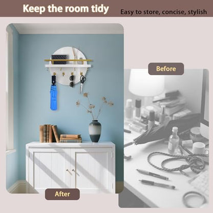 Key Holder Wall Mount with Shelf and Hooks, 11.8 Inch Entryway Gold Key Holder for Wall Decor (White&Gold)