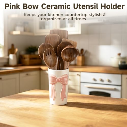 Pink Bow Ceramic Organizer 3.9x6.5in, Multi-Purpose Kitchen Utensil Holder | Charming 3D bow ornament, versatile storage for cookware, makeup brushes, stationery and mini flower bouquets