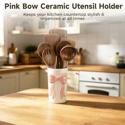 Pink Bow Ceramic Organizer 3.9x6.5in, Multi-Purpose Kitchen Utensil Holder | Charming 3D bow ornament, versatile storage for cookware, makeup brushes, stationery and mini flower bouquets