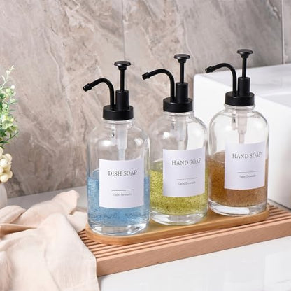 Glass Soap Dispenser with Pump, Dish and Hand Soap Dispenser for Kitchen Bathroom, Glass Dispenser Set with 18 Stickers Funnel Bamboo Tray 500ml 18oz Clear - color: Clear 3