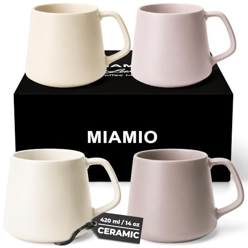 MIAMIO - Coffee Mugs Set of 4, Ceramic, Large (14oz) - Luxe (Cream Rose) | Large Ceramic Coffee Mugs for Cappuccino, Tea and Coffee, 4-piece set, Coffee Mugs with saucers - dishwasher safe - color: Cream Rose