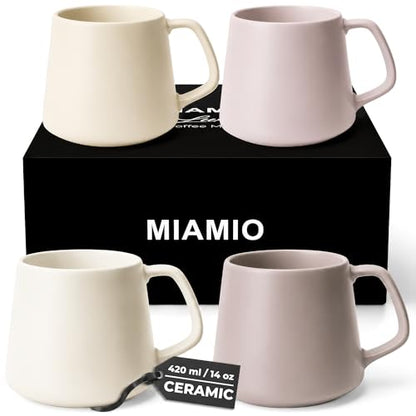 MIAMIO - Coffee Mugs Set of 4, Ceramic, Large (14oz) - Luxe (Cream Rose) | Large Ceramic Coffee Mugs for Cappuccino, Tea and Coffee, 4-piece set, Coffee Mugs with saucers - dishwasher safe - color: Cream Rose