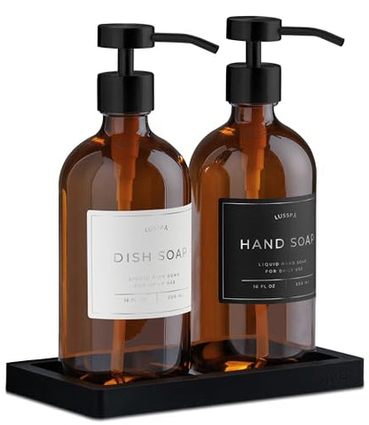 Glass Soap Dispenser Set of 2 (Amber) with Silicone Tray | Hand and Dish Soap Dispenser for Kitchen and Bathroom | 16.8 Oz Glass Bottles with Stainless Steel Pump & 15 Waterproof Labels (Amber/Black) - color: Amber/Black