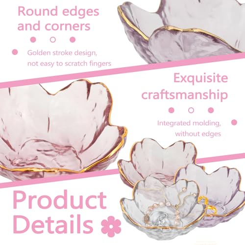 Huakaile 3 Pieces Flower Shape Glass Jewelry Plate Dish, Trinket Bowl for Rings Earrings, Decorative Small Jewelry Tray Dish Present for Wife Women Daughter (Pink Purple Transparent)