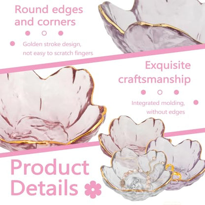 Huakaile 3 Pieces Flower Shape Glass Jewelry Plate Dish, Trinket Bowl for Rings Earrings, Decorative Small Jewelry Tray Dish Present for Wife Women Daughter (Pink Purple Transparent)