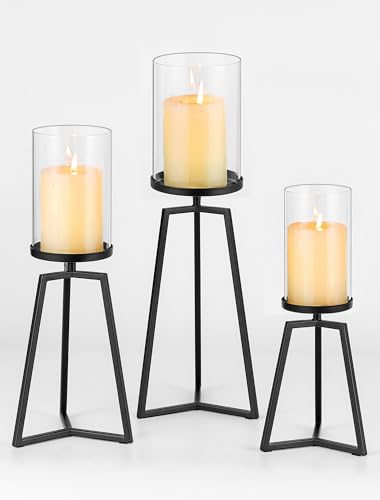 Sziqiqi Pillar Candle Holders Black: Set of 3 Metal Candleholder - Geometric Candle Stands with Hurricane Glass for Indoor Outdoor Dining Table Decor