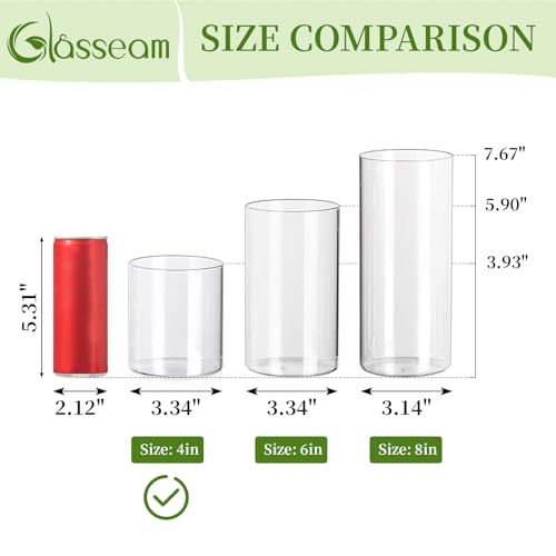 Glasseam Cylinder Vases for Centerpieces, 6Pcs Clear Glass Vase for Flowers | Hurricane Pillar, Floating Candle Holder, Modern, Small Home Decorations, Table Centerpieces, Wedding, Party, 4In - size: 4In