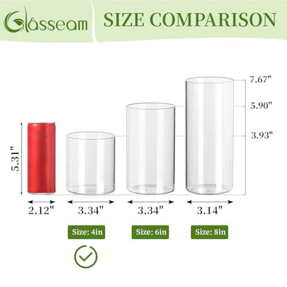 Glasseam Cylinder Vases for Centerpieces, 6Pcs Clear Glass Vase for Flowers | Hurricane Pillar, Floating Candle Holder, Modern, Small Home Decorations, Table Centerpieces, Wedding, Party, 4In - size: 4In