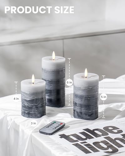 Stmarry Distressed Gradient Gray Flameless Candles with Remote and Timer, Real Wax Made LED Pillar Candles Battery Operated with 3D Flickering Flame - 3" x 4",5",6" - Set of 3 - color: Gradient Gray