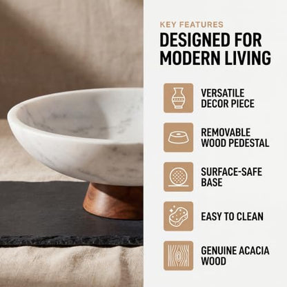 Decorative Marble Bowl White - Handcrafted Natural Stone on Removable Acacia Wood Pedestal Base - Versatile 10" Catch‑All Centerpiece - Entryway, Dining Table, Kitchen Fruit Bowl, Key Holder (White) - color: White