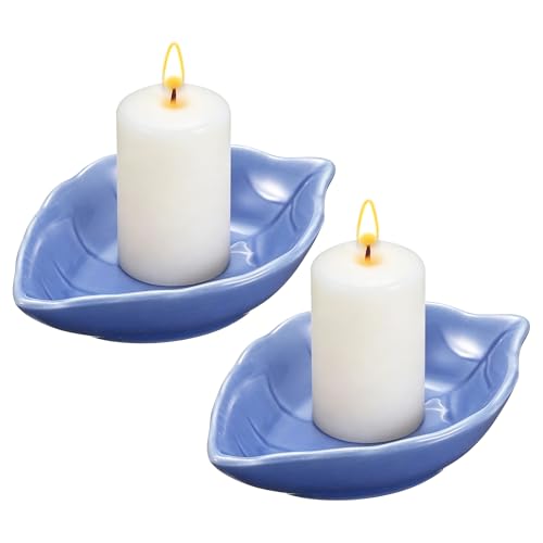 uxcell 2Pcs Ceramic Candle Holder Plates, 4.3 x 3'' Leaf Shaped Candlestick Holder Decorative Dish Small Candle Plate for Tea Light Aromatherapy Wedding Rustic Vintage Home, Changing Blue - color: Changing Blue