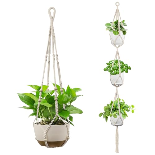 USLAI Macrame Plant Hanger Indoor Outdoor, Up to 4-15 Inch Pots, Strong Hanging Planter Holder, Boho Home Decor, 72+35 Inch, Ivory (POTS NOT Included) - color: 35+72 Inch - Ivory