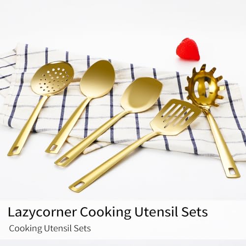 Lazycorner Cooking Utensil Set 11 Pcs Stainless Steel Kitchen Utensils Set Wok Utensils Kitchen Tool Set Spatula Set Heat Resistant Metal Kitchen Tools Ergonomic HandleEasy to Clean Dishwasher Safe - color: Gold