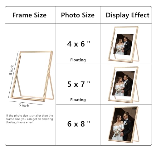 Gold 6×8‘’Floating Frame 2 Pack For Photo Sizes(3.5x5'',4x6'',5x7''),Classy Metal Floating Frame 5x7''Adjustable Tabletop/Shelf Photo Frame for Christmas,Wedding,Birthady,Home or Office Décor - size: 6x8''(2PK)