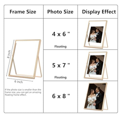 Gold 6×8‘’Floating Frame 2 Pack For Photo Sizes(3.5x5'',4x6'',5x7''),Classy Metal Floating Frame 5x7''Adjustable Tabletop/Shelf Photo Frame for Christmas,Wedding,Birthady,Home or Office Décor - size: 6x8''(2PK)
