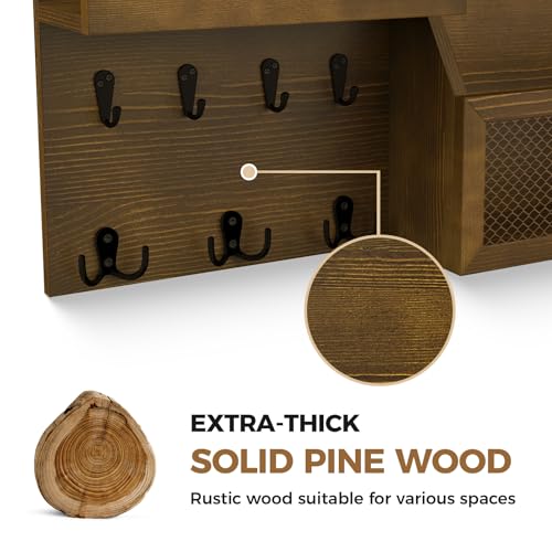 LubanNese Key Holder Wall Mount Pine Wood 16 X 8 Mail Organizer Key Rack for Wall with Hooks and Shelf, Rustic Wooden Key Hanger for Entryway Rustic, Brown - style: Rustic Brown
