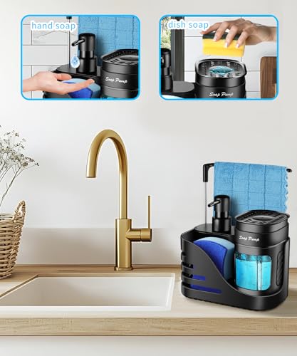 Kitchen Soap Dispenser Set, 4-in-1 Dual Hand and Dish Soap Dispenser with Sponge Holder and Dishcloth Holder for Kitchen Sink (Black) - color: Black