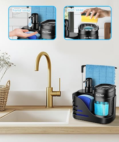 Kitchen Soap Dispenser Set, 4-in-1 Dual Hand and Dish Soap Dispenser with Sponge Holder and Dishcloth Holder for Kitchen Sink (Black) - color: Black