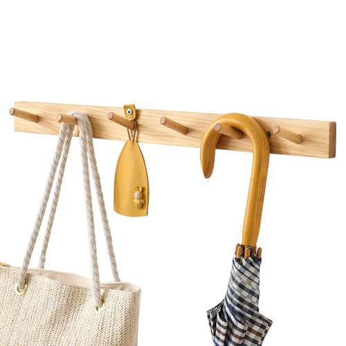 Hickory Wood Coat Rack Wall Mount, 24 Inch Coat Hook Hanger Wooden Wall Coat Rack with 6 Hooks for Purse Clothes Towels Hats in Entryway Bedroom Bathroom, Natural - size: 24 Inch