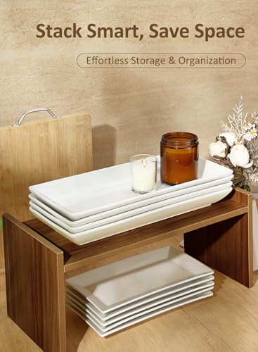 14” White Porcelain Serving Platters, Elegant Large Rectangular Plates Trays for Dinner Parties, Appetizers, Sushi, Desserts & More, Microwave & Dishwasher Safe, Set of 4 | Rectangular Ceramic Dinner Plates Trays, Stackable, Dishwasher/Microwave/Freezer S