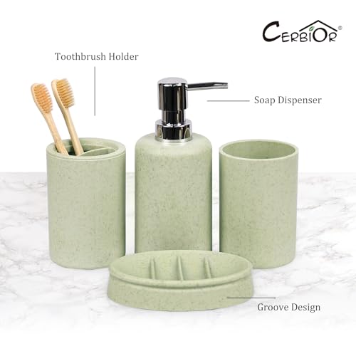 CERBIOR Bathroom Accessories Set 6 Piece Wheat Straw Bath Ensemble,Green | Includes Soap Dispenser,Tooth Brush Holder,Toothbrush Cup, Soap Dish for Decorative Countertop and Housewarming Gift - style: Green